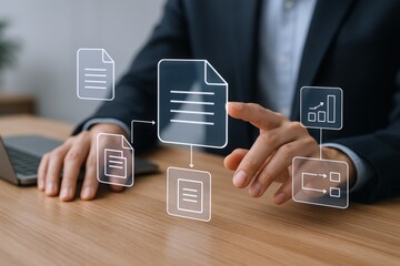 Digital Document Management: Businessman Interacting with Virtual File Icons for Efficient Workflow and Data Organization