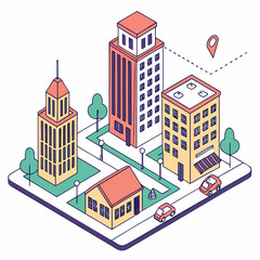 Isometric view of a modern city street with buildings trees cars and a location pin indicating navigation