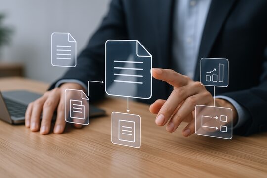 Digital Document Management: Businessman Interacting with Virtual File Icons for Efficient Workflow and Data Organization