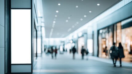 Modern Shopping Mall Interior with Blank Advertising Billboard, Blurred Shoppers in Background, Ideal for Marketing Mockups