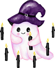 Hand drawn illustration of cute purple Halloween ghost in witch hat with trick or treat pink ectoplasm. Funny kids nursery holiday design in watercolor, creepy spooky print for children in lavender.