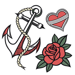 Traditional american tattoo flash art featuring an anchor with rope a rose and a bandaged heart