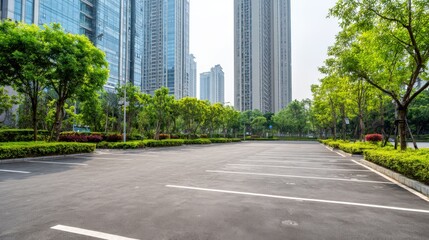 Obraz premium Empty Parking Lot in Urban Environment Surrounded by Greenery and Modern Buildings on Sunny Day
