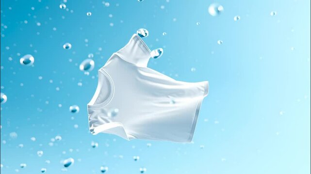 Pristine white highlighting shirt splashing with crystal water, t cleanliness, freshness, and crisp laundry concept against soft blue backdrop video 4k