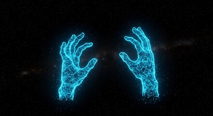 Glowing Blue Wireframe Hands Against a Cosmic Background