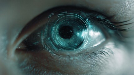 Human eye with futuristic digital interface overlay for technology concepts.