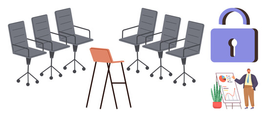 Chairs arranged in rows, high chair in focus, presenter explaining charts near a plant, security padlock. Ideal for teamwork, office layout, cybersecurity, presentations, business growth project