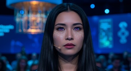 Obraz premium Person with illuminated face features, wearing a headset, against a digital backdrop