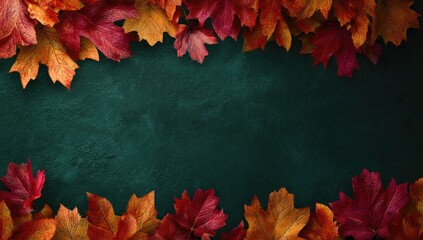 Autumn leaves frame a dark teal background