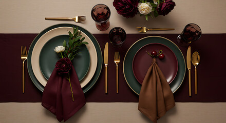 Elegant flat lay of a formal table setting with burgundy and gold accents for a luxurious dining experience.
