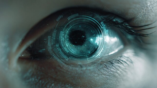 Human eye with futuristic digital interface overlay for technology concepts.