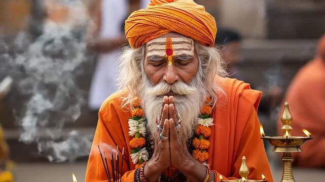 Mature Sadhu Portrait in Orange Robe Praying with Incense on Stairs in India with Ashes Flowers and Sacred Thread Headwear