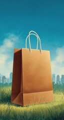Brown paper shopping bag on grassy field, cityscape in background