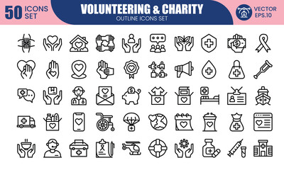 Volunteering and charity web icons in line style collection. Donate, donor, doctor, care, help, support, collection. Vector illustration.