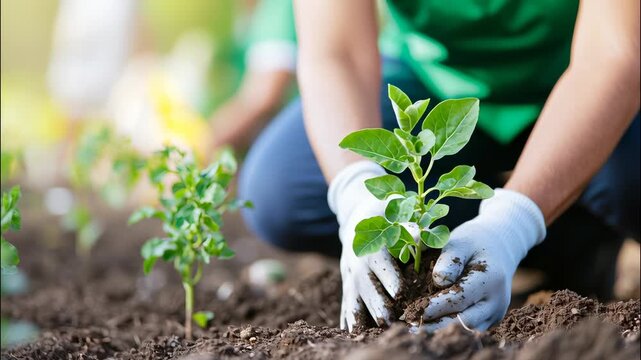 Gloved hands carefully plant a young tree sapling in rich soil, promoting environmental sustainability and community greening efforts video 4k