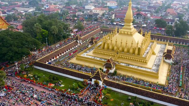 A serene and peaceful aerial perspective of Pha That Luang, showcasing the timeless beauty and spiritual significance of this iconic Laotian landmark.