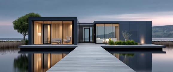 Modern waterfront house on a floating dock