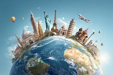 World travel destinations featuring famous landmarks on a blue planet.