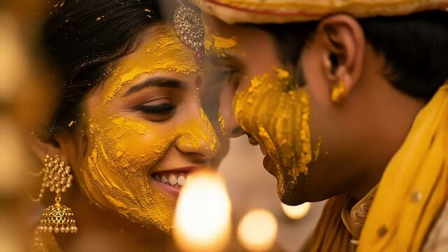 Smiling Indian Couple Covered In Yellow Haldi Paste During Wedding Ritual with Gold Jewelry in Warm Lighting Sharing Intimate Moment