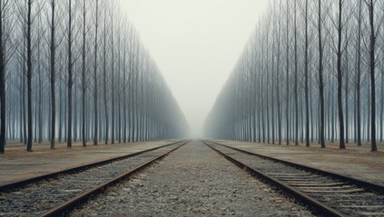 Misty, symmetrical tree row with railway tracks