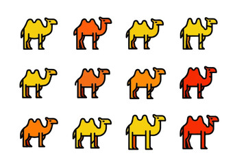 Set of colorful camel icons ideal for desertthemed projects. Perfect for travel websites, wildlife conservation materials, and middle eastern cultural designs.