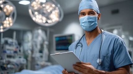Professional Surgeon in Medical Scrubs with Surgical Equipment Background
