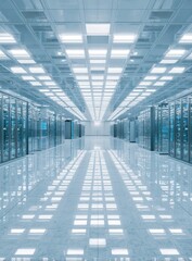 Obraz premium A modern data center hallway showcases rows of server racks illuminated by bright overhead lighting reflecting on the clean floor.