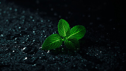 Fresh green mint leaves on a dark black slate surface with water droplet.