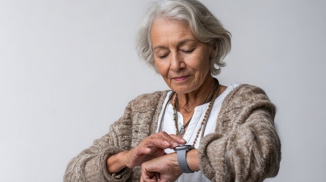 Senior woman using smartwatch in cozy indoor setting, serene mood