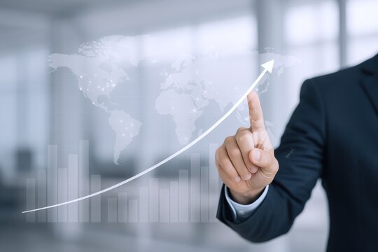 Business Growth Concept: Man Pointing at Upward Arrow on World Map Interface