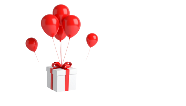 A festive gift box with red heart balloons and ribbon decoration is perfect for a birthday or Valentine's Day celebration