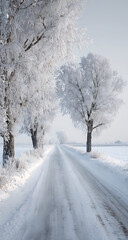 Fototapeta premium Snow covered road lined with frosted trees leading into a hazy winter landscape image
