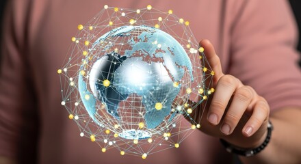 Global Network Connection: Person Touching Earth Hologram Representing International Communication and Worldwide Business Technology
