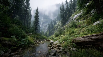 Misty Forest Landscape With Stream And Rocks