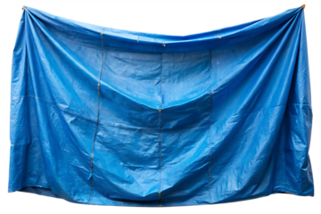 wrinkled blue tarp hanging on white background PNG.AI Generated