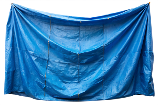 wrinkled blue tarp hanging on white background PNG.AI Generated