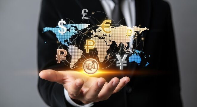 Global Finance Concept: Businessman Holding World Map with Currency Symbols for International Business and Investment