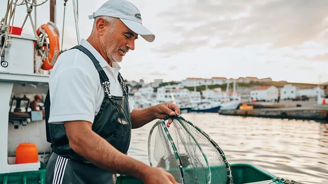 Smiling fisherman holding fishing net on boat in coastal marina harbor at sunset