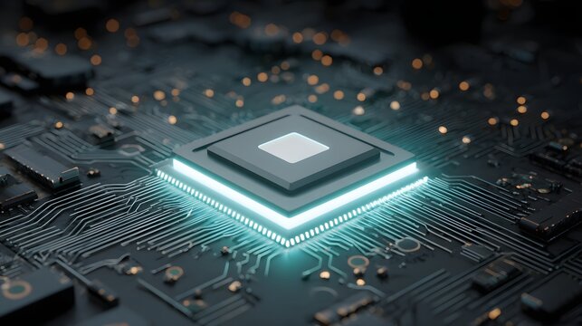 Close-up view of a glowing central processing unit on a circuit board. - Powered by Adobe