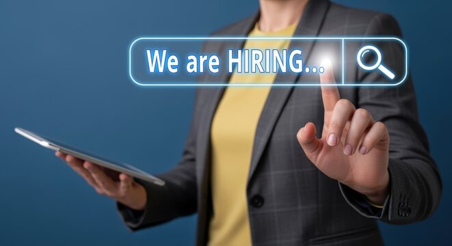 Businesswoman Touching Search Icon with Hiring Text on Virtual Interface for Employment Opportunities