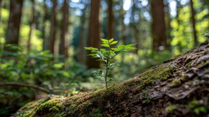 Resilient Sprout Growing on Mossy Log in Forest, Symbolizing New Beginnings and Environmental Renewal