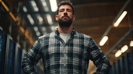 A person stands confidently in a server room, hands on hips, surrounded by rows of servers and industrial lighting,