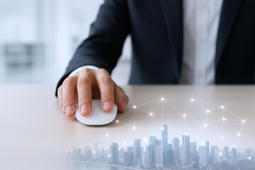 Businessman navigating digital transformation, innovation, and connectivity using a wireless mouse in the modern office