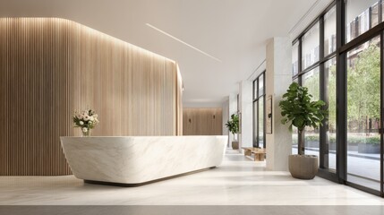 Modern Lobby Interior with Reception Desk, Potted Plants and Natural Light in a Commercial Building