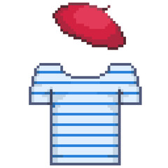 Pixel illustration of a beret hat and border t-shirts