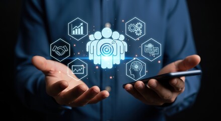 Business Person Displaying Virtual Icons Representing Teamwork, Strategy, and Analytics on a Mobile Device