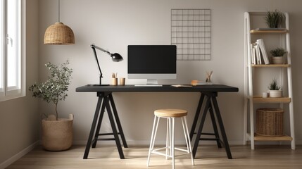 Home Office Setup with Modern Desk, Computer, Stool, and Decor for Creative Workspace
