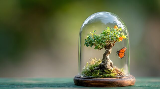 Miniature bonsai tree in a glass dome with a butterfly.
