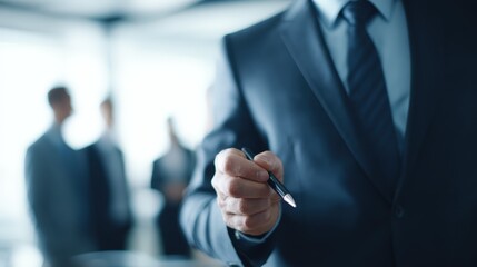 Close-up of Businessman Holding Pen Ready to Sign Agreement with Colleagues in Background