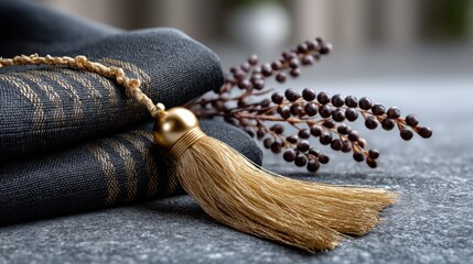 Dark grey fabric with gold tassel and sprig